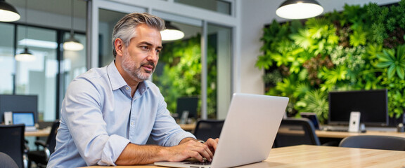 Focused middle-aged man working on laptop in modern eco-office, productivity