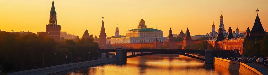 Naklejka premium Breathtaking sunset view of the iconic Kremlin and Moscow skyline with the famous churches cathedrals and bridges reflected in the tranquil river