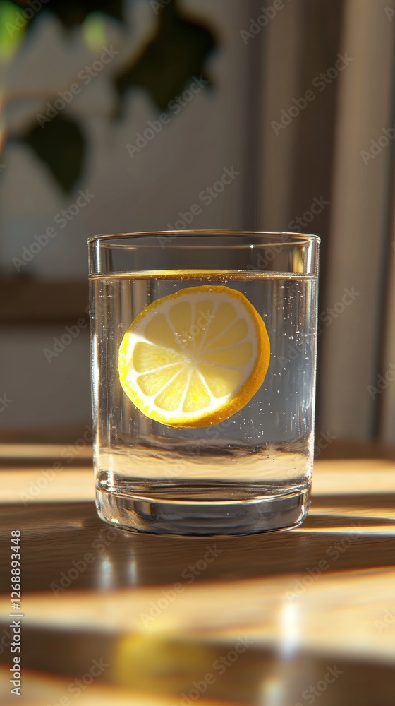 Poster Close-up view of a glass of refreshing lemonade with lemon slice illuminated by natural sunlight in a cozy setting