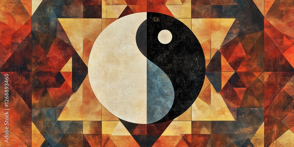 Poster yin and yang symbol embedded in geometric triangular patterns