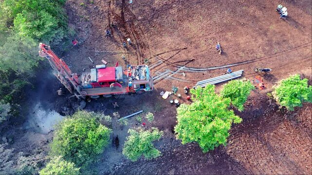 Large boring machine digs deep in soil