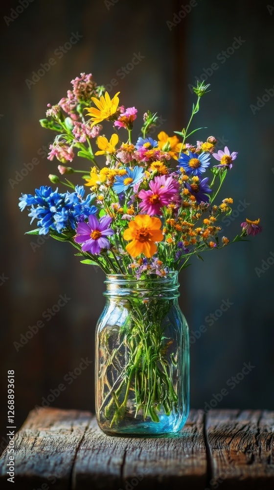 Poster vibrant close-up of a diverse bouquet in a mason jar with rustic wooden background