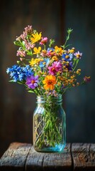 Vibrant close-up of a diverse bouquet in a mason jar with rustic wooden background