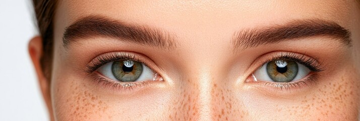 Freckled Face Woman's Eyes Close Up - Close-up of a woman's eyes, showcasing freckles, natural beauty, youth, and healthy skin. The symbolizes confidence, allure and natural charm