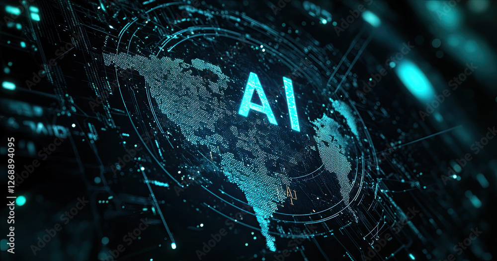 Poster global artificial intelligence network digital world map futuristic technology ai