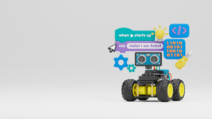 Block coding for kids teaching learning creative basics beginners remotely controlled automation robotic car vehicle programming education skill Technology STEM. 3d rendering.