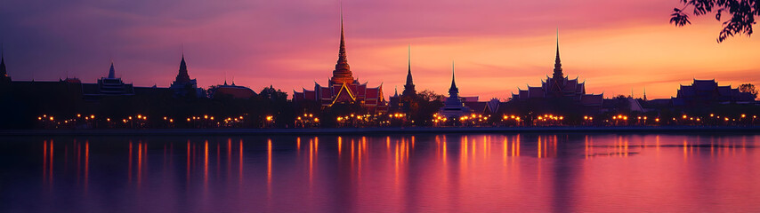 Obraz premium Breathtaking sunset view of the ornate Buddhist temples and pagodas of Bangkok Thailand dramatically reflected in the calm waters of the river