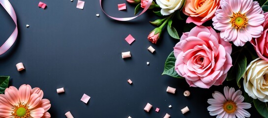 Pink and white roses, gerberas, rosebuds, confetti, pink ribbon on dark background.
