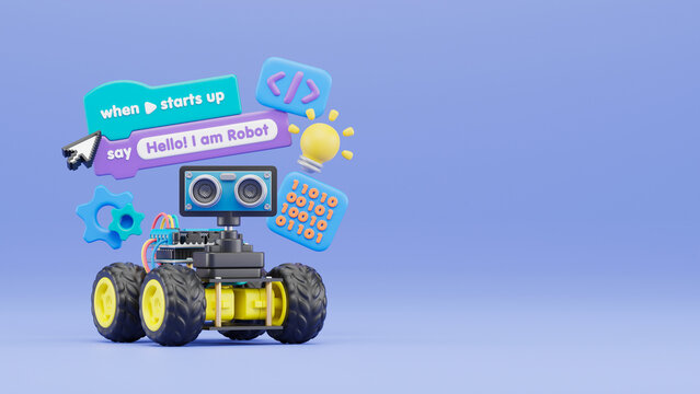 Block coding for kids teaching learning creative basics beginners remotely controlled automation robotic car vehicle programming education skill Technology STEM. 3d rendering.