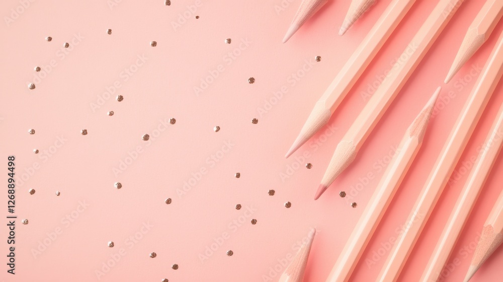 Poster soft pastel peach backdrop with pencil strokes and scattered glitter creating a whimsical artistic a