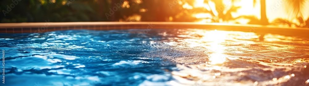 Poster Breathtaking sunset view with shimmering reflection in the calm azure waters of a tranquil tropical resort pool surrounded by lush palm trees and a warm