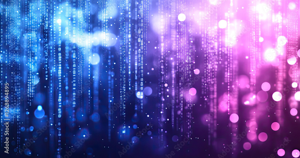 Poster abstract digital rain background with blue and purple glowing lights and falling binary code