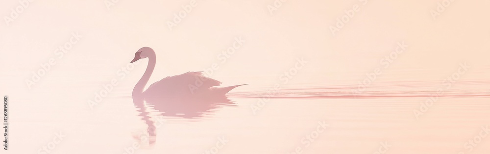 Poster elegant swan gliding across calm water at dawn with soft pastel colors reflecting on the surface