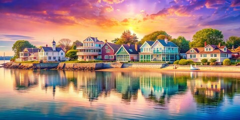 Fototapeta premium Double Exposure: Waterfront Beach Houses, Norwalk, Connecticut Long Island Sound