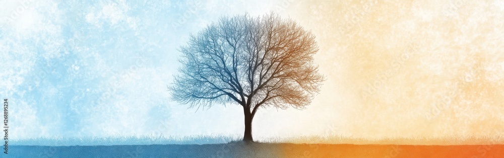 Poster silhouette of a single tree against a gradient sky during dusk or dawn with contrasting colors of bl