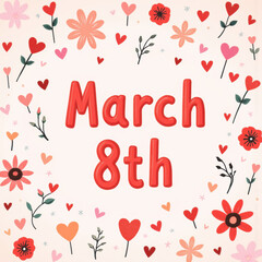 March 8th text with floral decorative background.