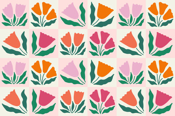 Groovy seamless pattern with tulip flowers. Floral tile background. Modern trendy minimal style. Surface cover design. Fabric textile print.