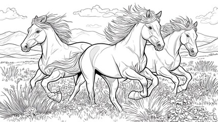 Three Majestic Horses Running in a Lush Green Landscape Scene
