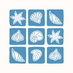 Hand drawn seashells. Trendy minimal isolated elements for logo. Patchwork style. Surface cover design. Fabric textile print, stamp.