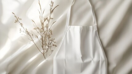 White apron with dried flowers on silk.
