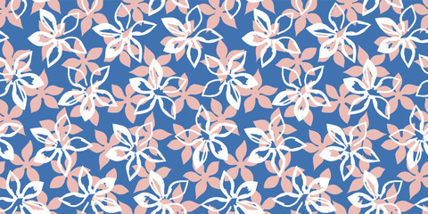 Hawaiian tropical seamless pattern with hibiscus flowers. Surface cover design. Fabric textile print. Aloha summer blue background.