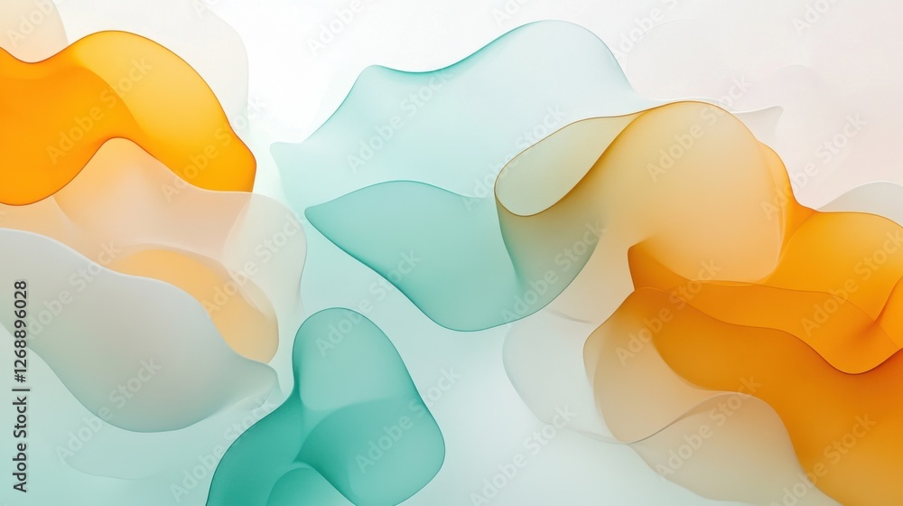 Poster minimalist design featuring flowing pastel amber and teal waves against a soft background