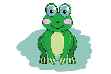 Cute, green frog with big eyes with blue color. Little frog on a light background. Pink cheeks, smile. Doodle design, tile, background, repeat, wallpaper, scarf, isolated, cartoon, illustration.