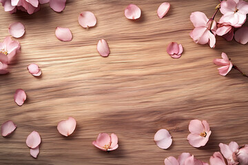 Elegant floral background with delicate pink cherry blossoms and scattered petals on a natural wooden surface. Soft, romantic atmosphere ideal for spring themes