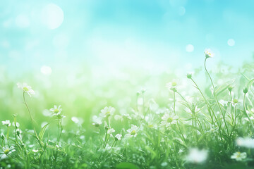Fototapeta premium Soft and dreamy spring meadow with delicate white flowers and a pastel blue sky. A peaceful and refreshing nature scene perfect for wellness, relaxation, eco-friendly concepts, and seasonal background