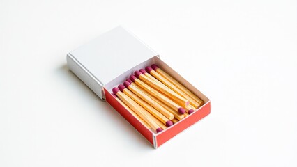 a partially opened matchbox with several matches inside, placed on a plain, light-colored background