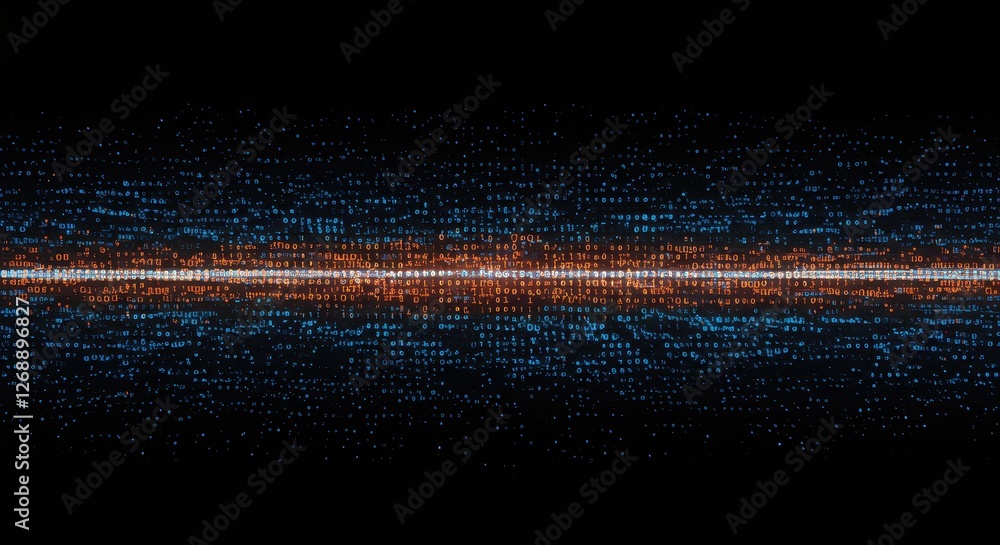 Poster a high-tech digital visualization of binary code glowing in neon blue and orange