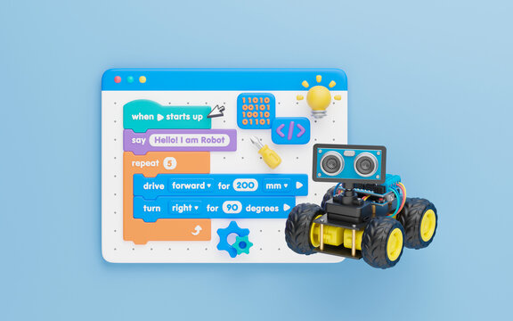 Block coding for kids teaching learning creative basics beginners remotely controlled automation robotic car vehicle programming education skill Technology STEM. 3d rendering.