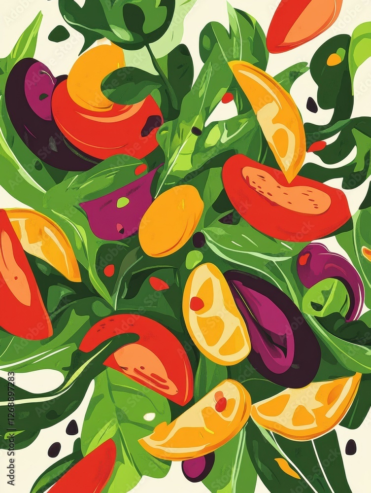 Aufkleber close-up view of a fresh salad featuring vibrant greens and colorful vegetables on a bright backgrou