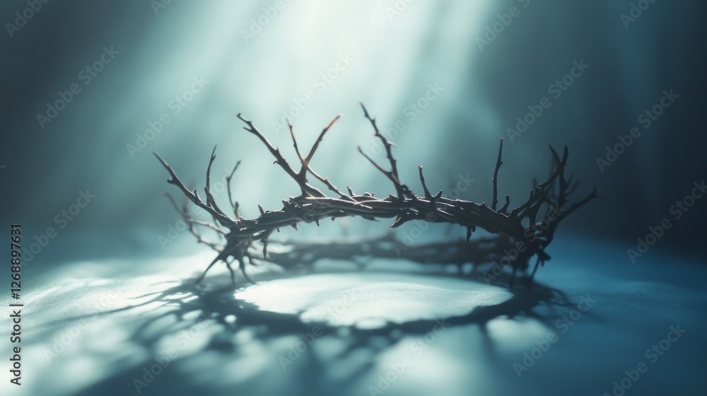 Poster Light filters softly through a dim space, illuminating a delicate crown of thorns. The intricate shadows it casts evoke a sense of reverence and contemplation in this tranquil setting