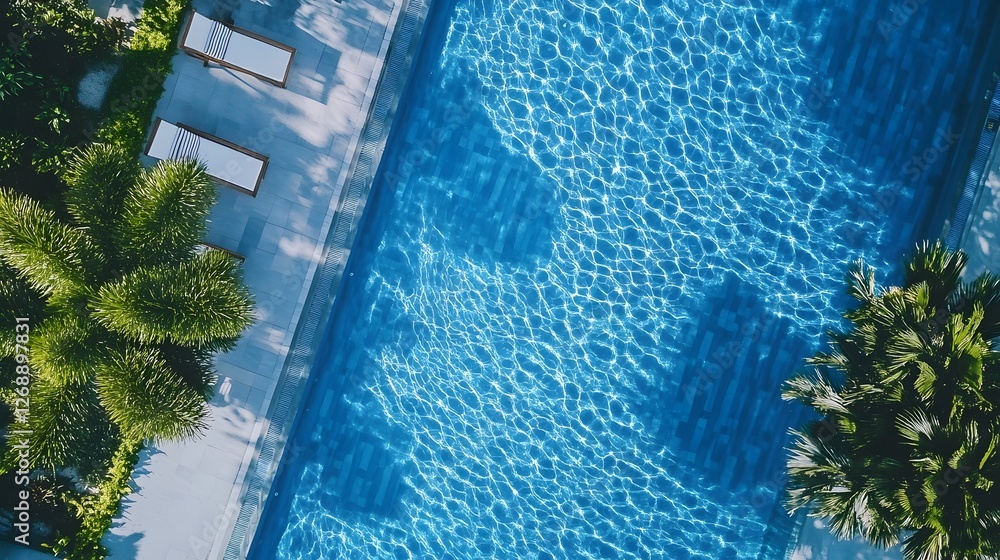 Poster Breathtaking view of a luxurious tropical pool nestled amidst lush palm trees with crystal clear turquoise water reflecting the serene and idyllic surroundings