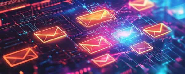 Neon email network flow, digital circuit background, data transfer