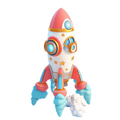 Isolated Cartoon Style Rocket with Portholes and Smoke Puff
