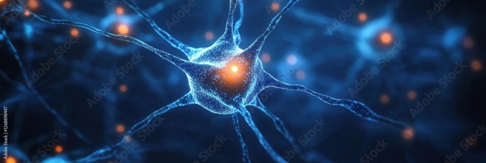 Poster Detailed view of neurons transmitting signals in a digital representation showcasing their structure and connectivity. Generative AI