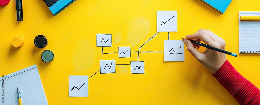 Poster a hand draws a flowchart on yellow background with sticky notes