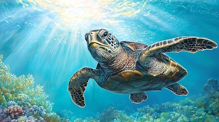 Obraz premium Majestic Sea Turtle Swimming Through Vibrant Coral Reef Landscape