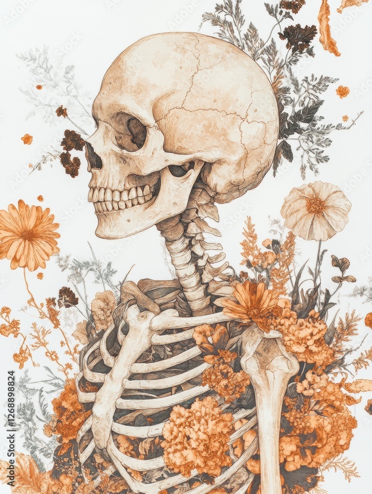 Poster artistic representation combines a human skeleton surrounded by colorful flowers, highlighting theme