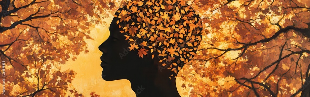 Poster vibrant portrait of a man illuminated by warm autumn colors and surrounded by a tree-filled landscap