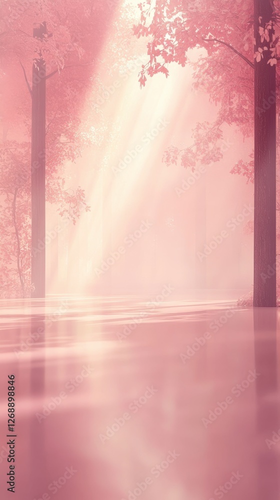 Aufkleber Tranquil pink and peach atmosphere in a serene forest at dawn with soft sunlight filtering through the trees
