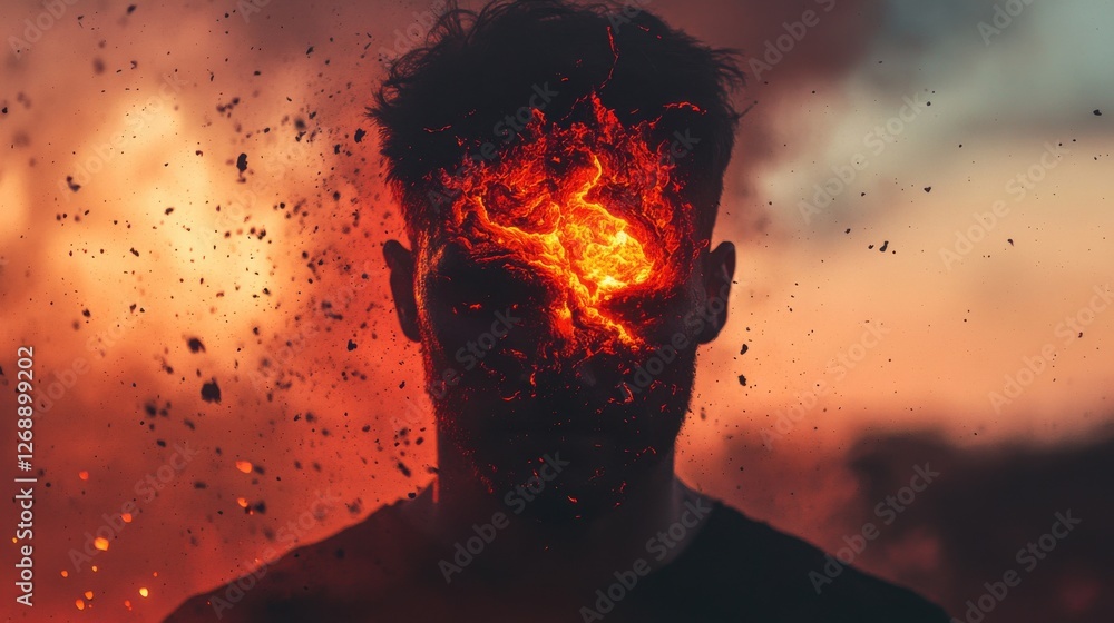 Poster surreal portrait of a man glowing with intense energy against a fiery backdrop at dusk