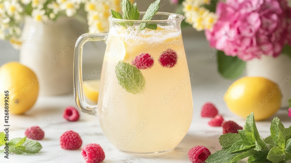 Aufkleber sparkling spring lemonade pitcher with fresh raspberries and mint, perfect for warm weather gatherin