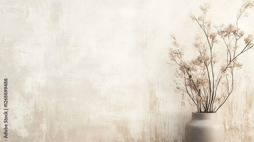 Poster soft gradient background featuring a vase with dried flowers in a serene indoor setting in warm taup