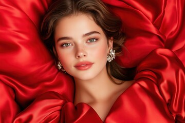 Luxurious silk dress in deep cherry-red creates a stunning visual contrast in soft lighting for an elegant evening wear look