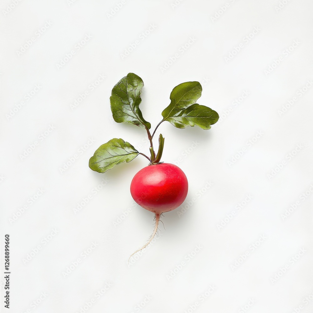Poster fresh red radish with smooth shiny skin and green leaves resting on a plain surface