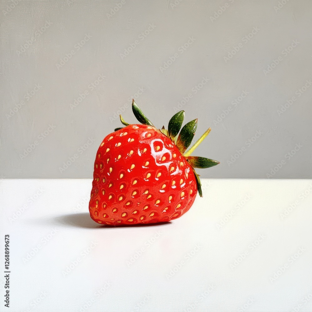 Poster ripe glossy red strawberry resting on a white surface with natural light highlighting its texture an