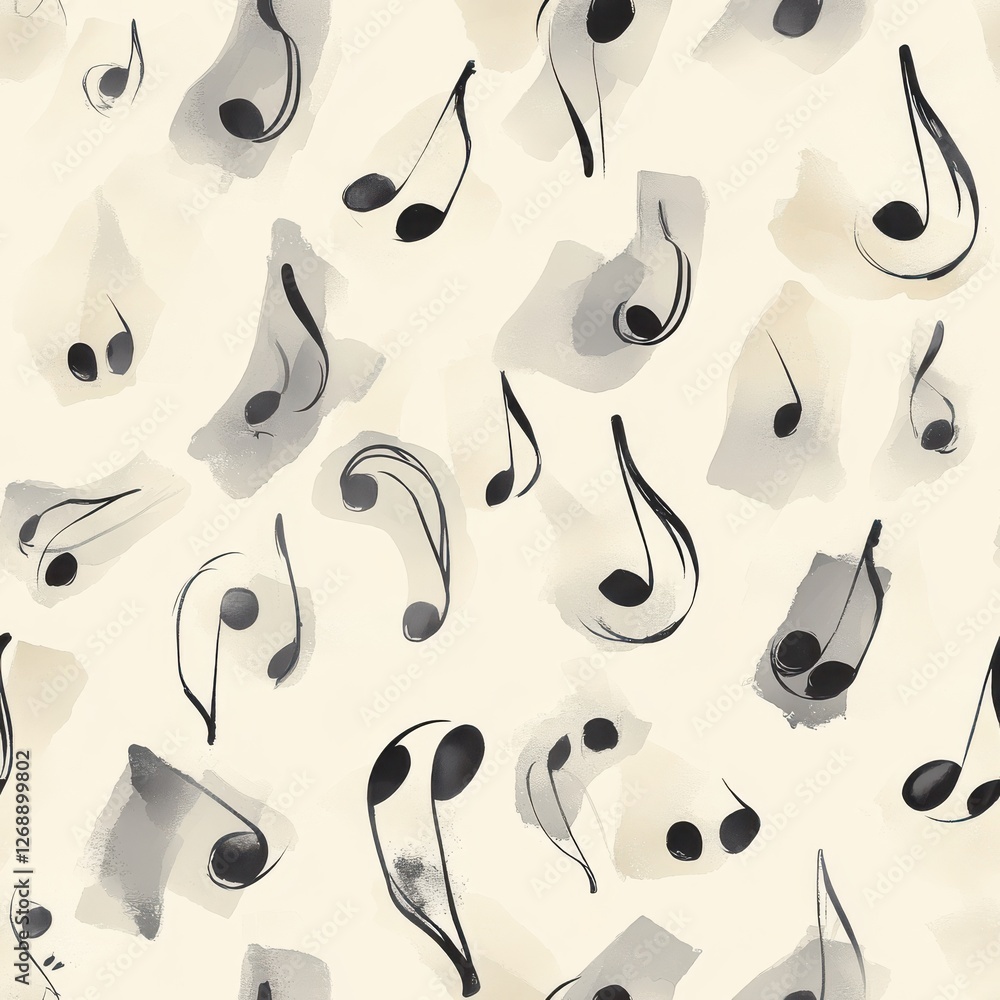 Poster watercolor doodle featuring musical notes in a calming pattern on an beige background